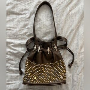 Vintage Parisian Style Studded Brown Leather Bucket Bag